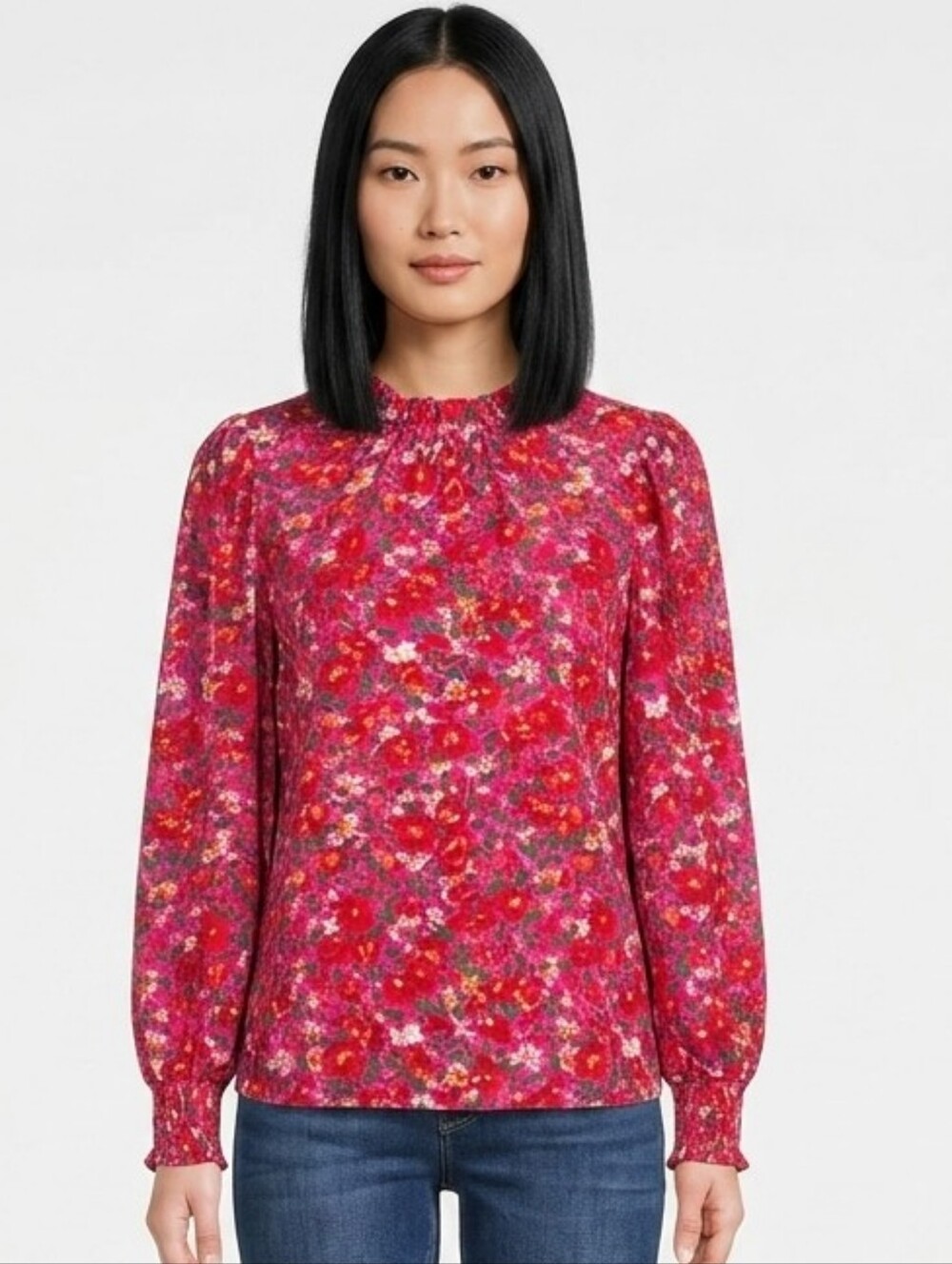 Long-Sleeve Pink Floral Smocked-Neck Blouse